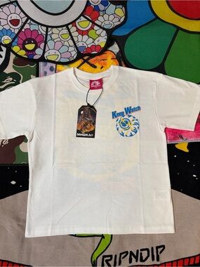 Mishka White Tee with Blue & Yellow 'Keep Watch' Graphic